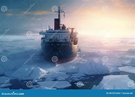 An Icebreaker Ship Forcefully Navigating through the Arctic Ice. AI ...