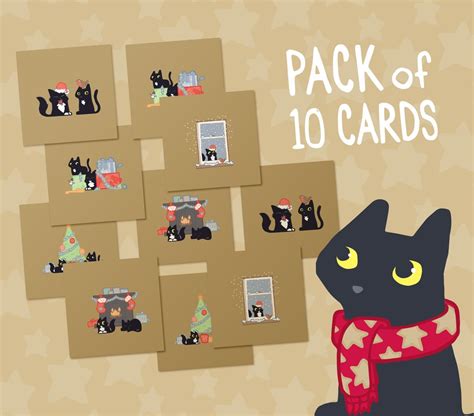 10 Black Cat Christmas Cards, Gold Holiday Card Pack, Ten Funny Cat ...