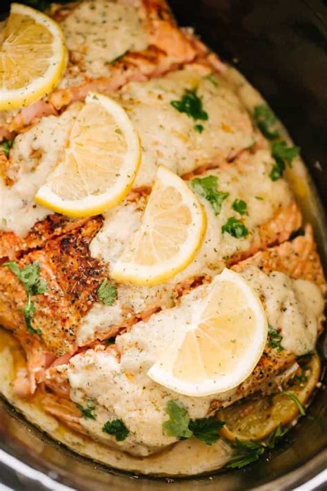 Slow Cooker Salmon with Creamy Lemon Sauce | Diethood