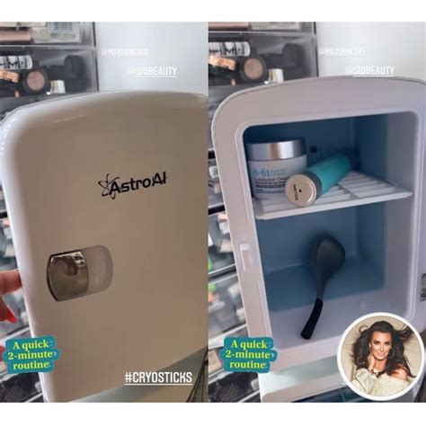 two pictures of the inside of a refrigerator with hair products in it and an advertisement for ...