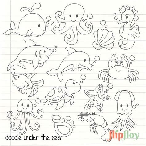 Doodle Cute Under the Sea, Animal Instant Download - 14 Silhoute Sea Icon, Clipart Vector Set ...