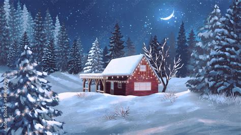 Night Winter scenery snow landscape Red Cabin covered in Snow Christmas ...