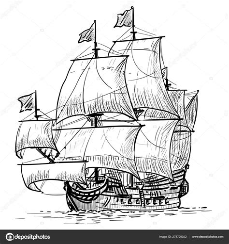 Sailing Ship vintage frigate on the waves. Hand drawn vector ...