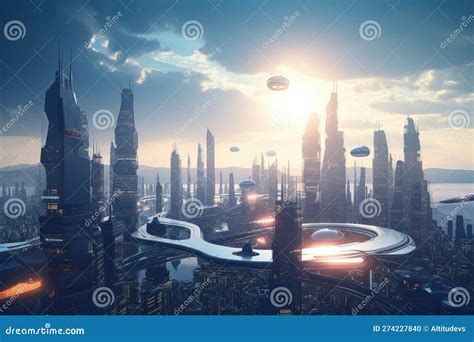 Skyline of Futuristic City, with Towering Buildings and Flying Cars ...