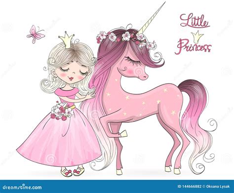 Hand Drawn Beautiful Cute Little Unicorn with Princess Girl . Stock Vector - Illustration of ...