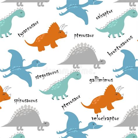 Dinosaurs in Cartoon Style. Seamless Pattern with the Names of ...