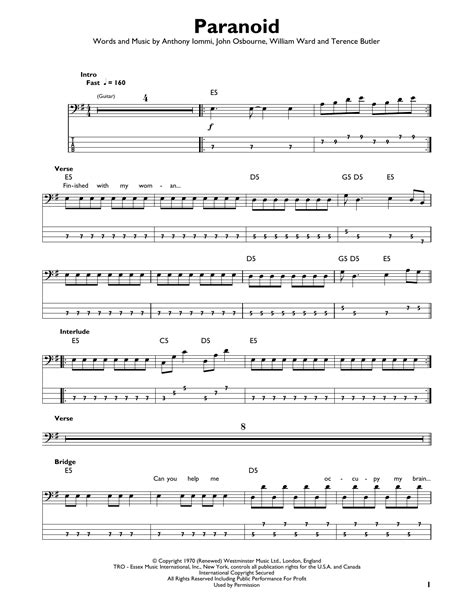 Black Sabbath "Paranoid" Sheet Music | Download Printable Pop PDF Score | How To Play On Easy ...