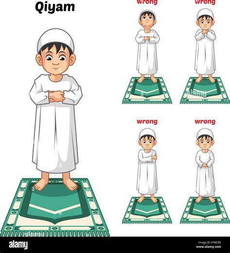 Muslim Prayer Position Guide Step by Step Perform by Boy Standing and Placing Both Hands with ...