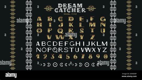 Gold tribal Alphabet. Letters, numbers and symbols in geometric ethnic ...