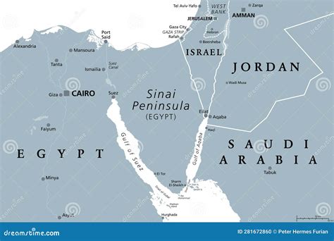 Sinai Peninsula Region, a Continental Land Bridge, Gray Political Map Stock Vector ...