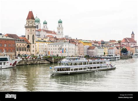 PASSAU, GERMANY - AUGUST 23: Passenger ships on the Danube river in ...