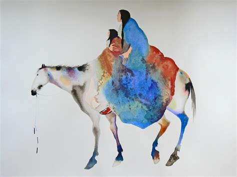 a woman riding on the back of a white horse next to a blue and red painting