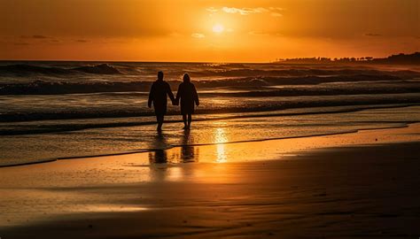 Romantic couple walking on beach, holding hands at sunset generated by ...