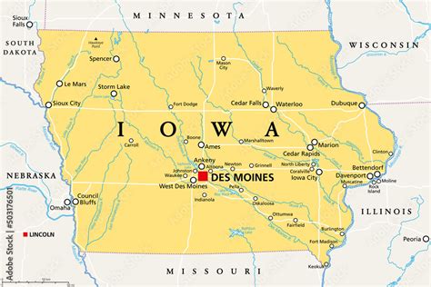 Iowa, IA, political map, with the capital Des Moines and most important cities, rivers and lakes ...