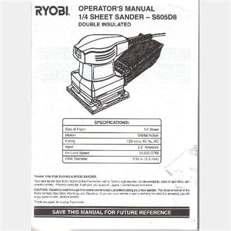 RYOBI OWNERS Operator MANUAL Guide S605D8 1/4 sheet sander 972000870