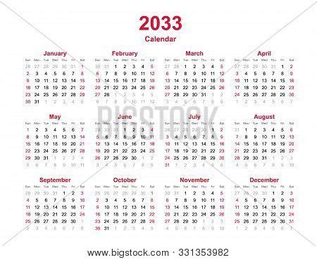 Calendar 2033 - 12 Vector & Photo (Free Trial) | Bigstock