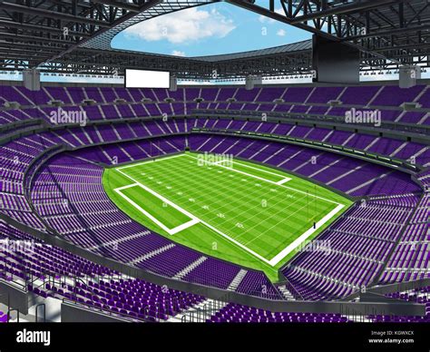 3D render of beautiful modern large empty American football stadium with purple seats and VIP ...