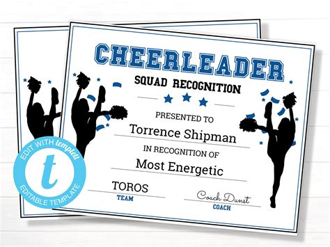 Customizable Cheerleader Award Certificate, Printable 8.5x11 Sport Award, Customizable Award ...