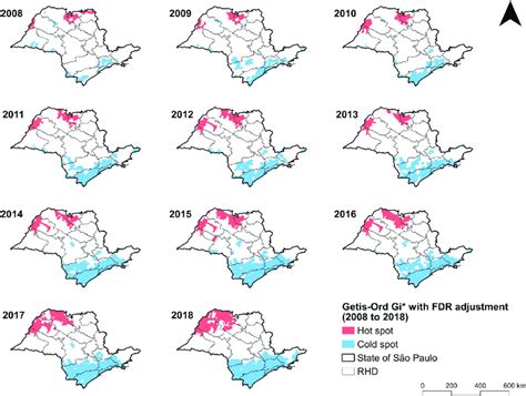 Spatial clusters of the Getis-Ord Gi statistic with false discovery... | Download Scientific Diagram