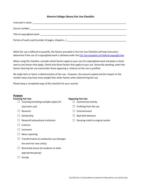 Alverno College Library Fair Use Checklist