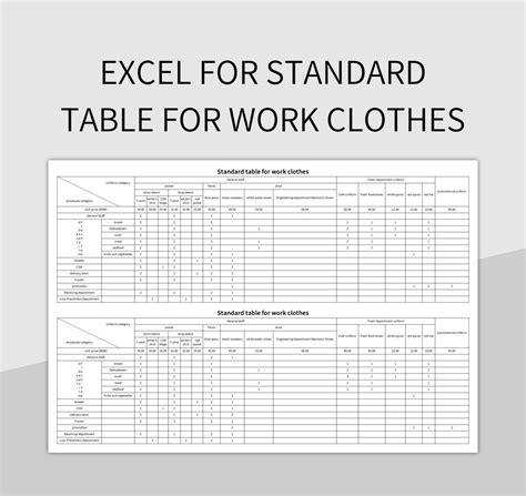 Excel For Standard Table For Work Clothes Excel Template And Google Sheets File For Free ...