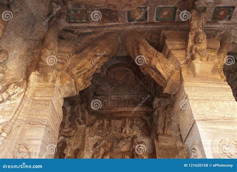 Cave 3 : View of Verandah, from Outside. Badami Caves, Karnataka. Fresco Paintings on the ...