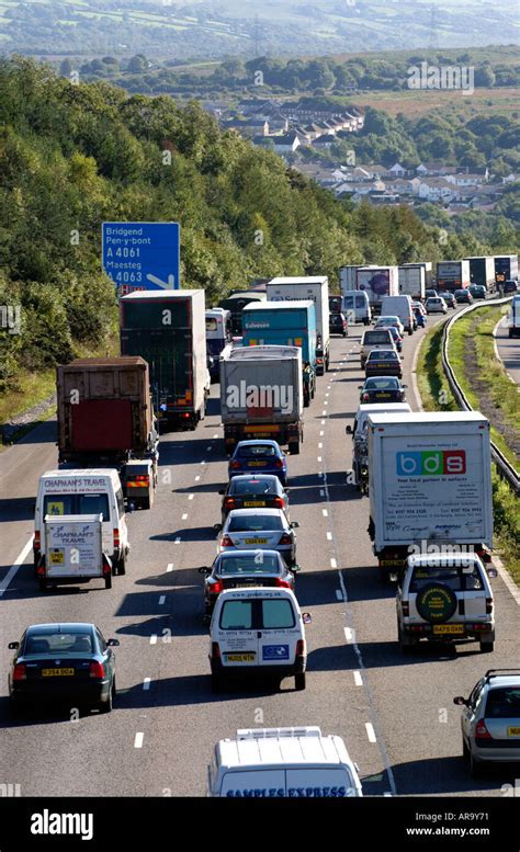 Heavy traffic slow moving on the M4 motorway in South Wales UK Stock ...