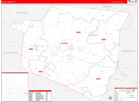 Shelby County, KY Zip Code Wall Map Red Line Style by MarketMAPS - MapSales