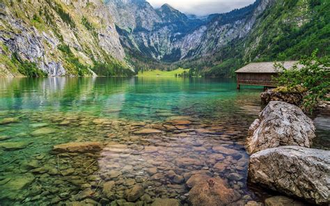 Obersee Alpine Lake Berchtesgaden Bavaria Germany Wooden House Rocky Clear Water Rocky Mountains ...