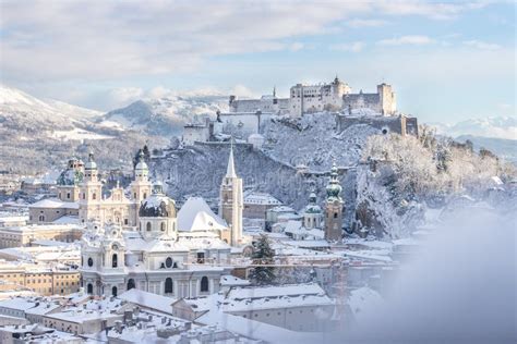 Panorama of Salzburg in Winter: Snowy Historical Center, Sunshine Stock ...