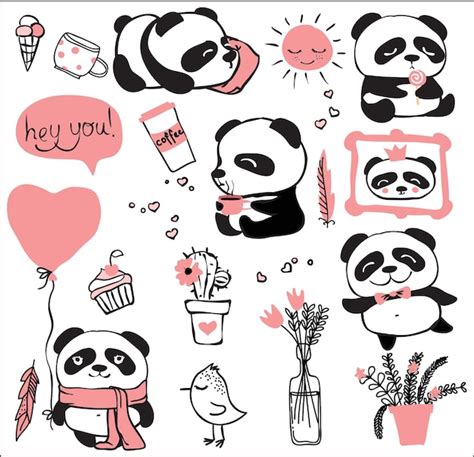 Premium Vector | Set of hand drawn panda doodles, panda bear in different positions and emotions