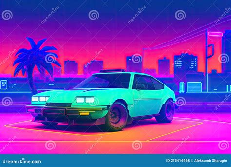 80s Retro Futuristic Drive, Vintage Car. Synthwave Sci-fi Landscape. Retrowave Style, Night Sky ...