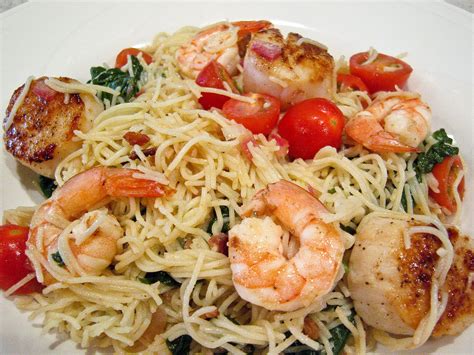 Shrimp & Scallops Tossed with Capellini, Spinach, Tomatoes & Bacon ...