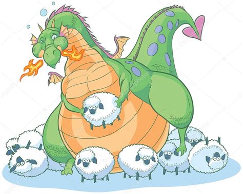 Overeating Fat Dragon with Clueless Sheep Vector Cartoon Clip Art Illustration