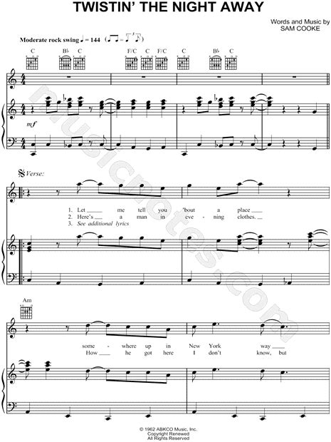 Sam Cooke "Twistin' the Night Away" Sheet Music in C Major (transposable) - Download & Print ...