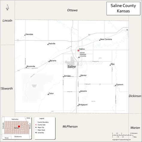 Map of Saline County, Kansas showing cities, highways & important ...