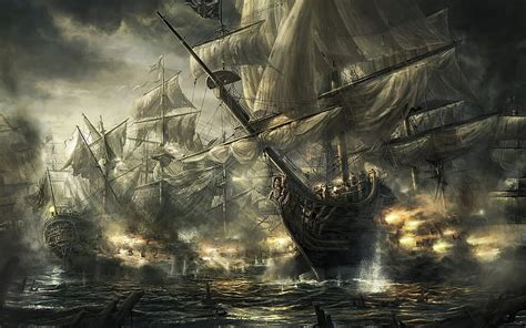 Pirate Ship Battle, enemy action, cg, rado javor, digital art, pirate, sea, wreck, HD wallpaper ...