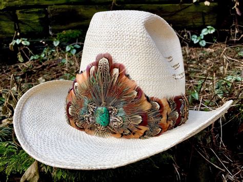 Western Feather Hat Band on Leather With Pheasant Feathers in | Etsy ...