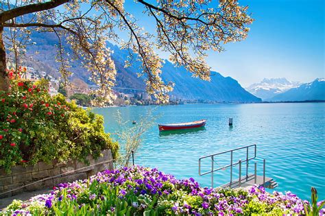 Spring in Switzerland, view, town, pier, bonito, Switzerland, spring, lake, freshness, HD ...