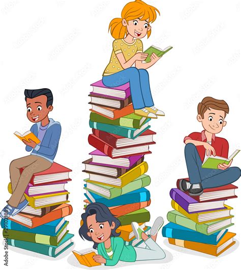 Cartoon teenagers reading books. Students over piles of books. Stock Vector | Adobe Stock