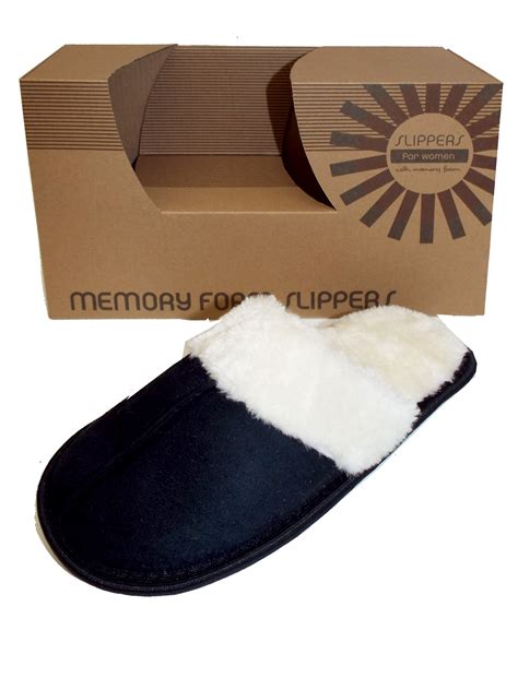 Memory Foam Slippers - - Memory Foam Slippers BLACK Open Back Fur Trim Memory Foam Slippers ...