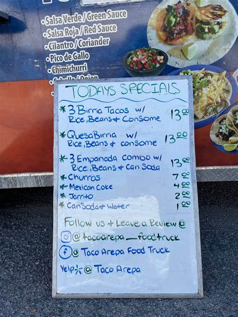 Menu at Taco Arepa Food Truck restaurant, Fayetteville