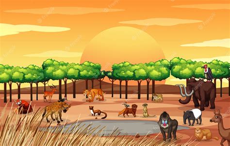 Premium Vector | Scene with many animals in the field