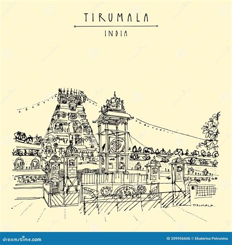 Venkateswara Temple, Tirumala, Andhra Pradesh, India. Travel Sketch. Vintage Hand Drawn Postcard ...