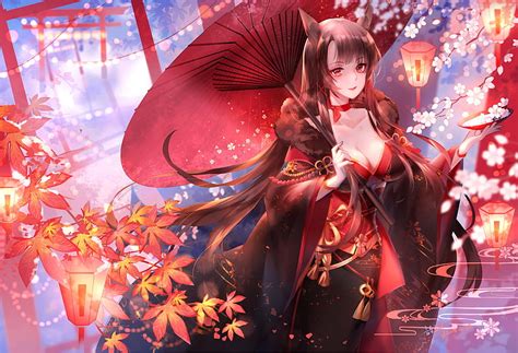 Foxgirl, manga, umbrella, parasol, leaf, red, autumn, lantern, kimono, anime, HD wallpaper | Peakpx