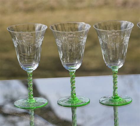 Vintage Green Stem Etched Wine Glasses, Set of 5, Green Vaseline Depression Glass - Wine Glasses ...