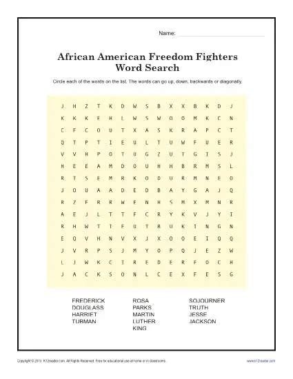 Freedom Fighter's Word Search | Black History Month Worksheets