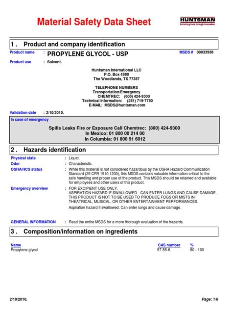 Propylene Glycol USP MSDS | Waste Management | Chemistry