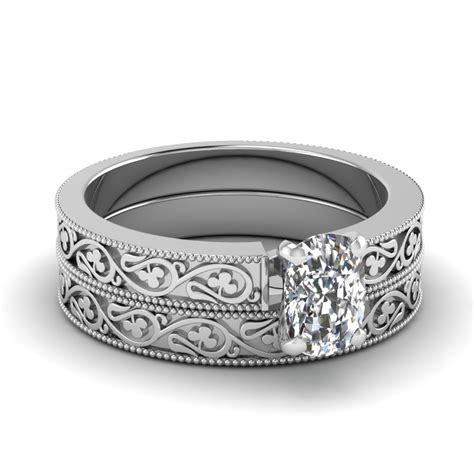Cushion Cut Diamond Wedding Ring Set In 14K White Gold | Fascinating Diamonds