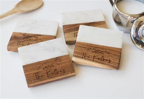 Marble and Wood Engraved Coaster Set, Marble Coasters, Engraved Coasters, Personalized Coaster ...